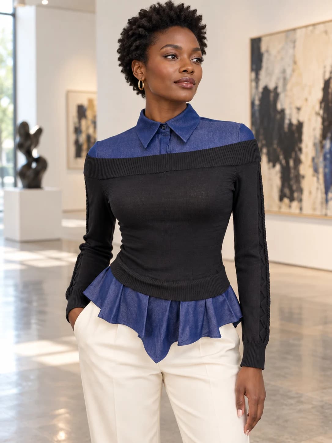 Mixed-material layered knit, view 1