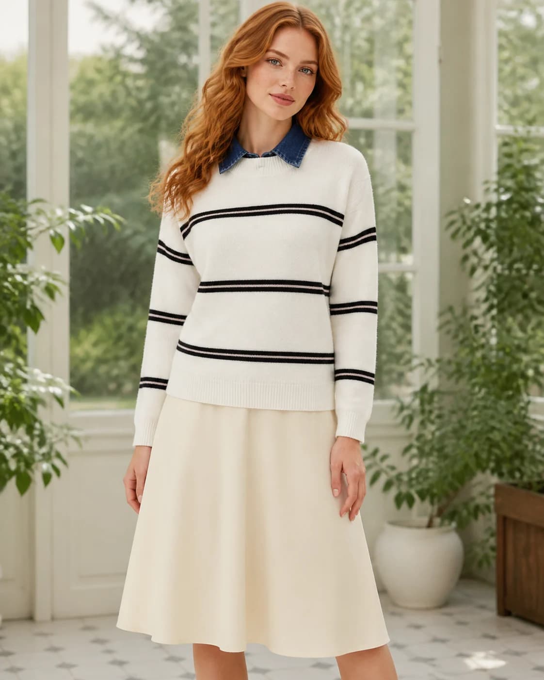 Breton-stripe cream pullover, view 1