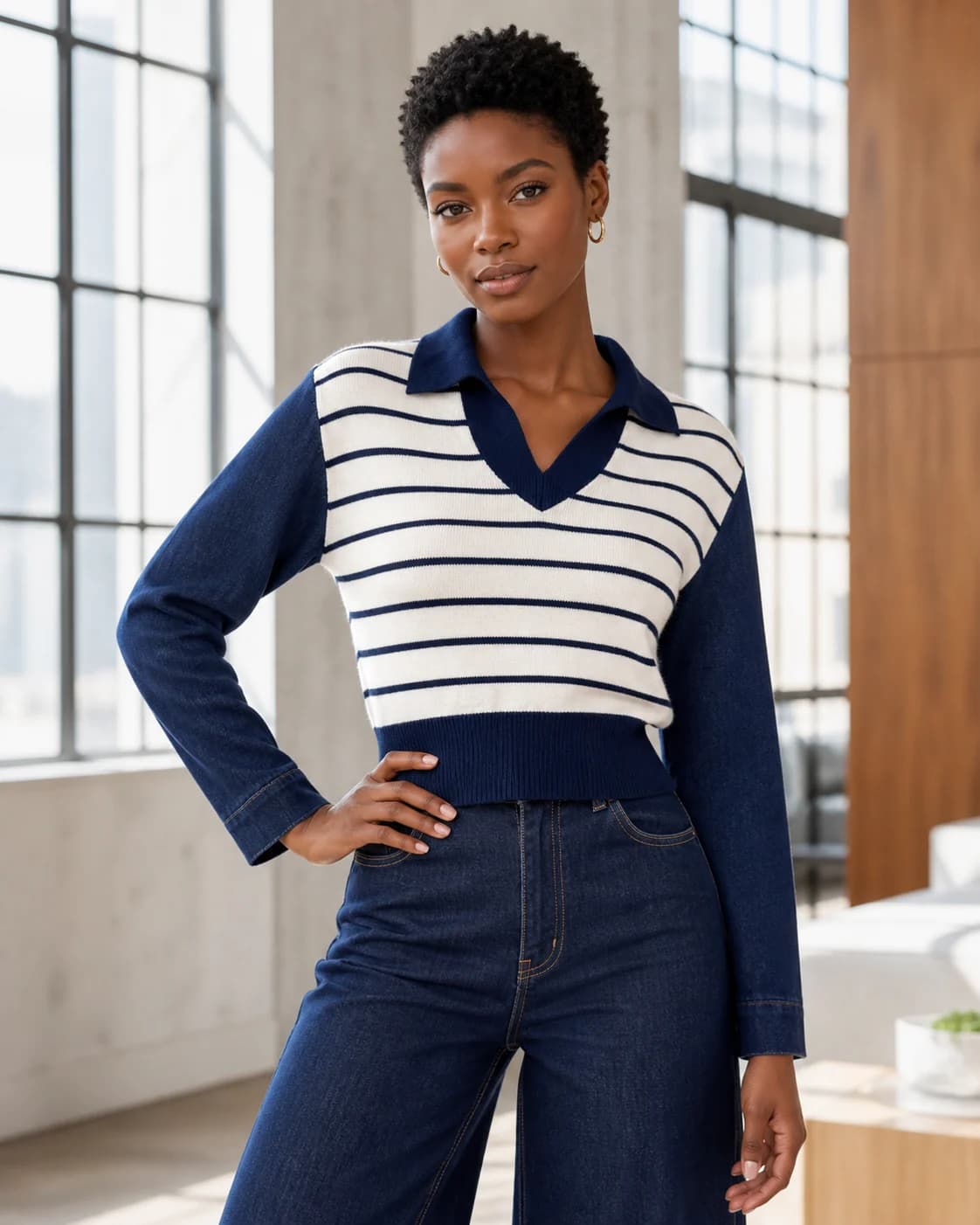 Contrast-collar striped cardigan