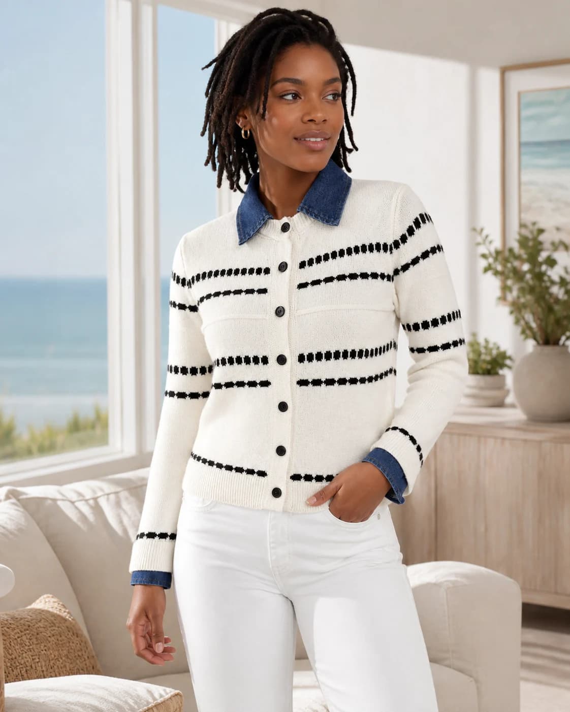 Monochrome striped cardigan, view 1
