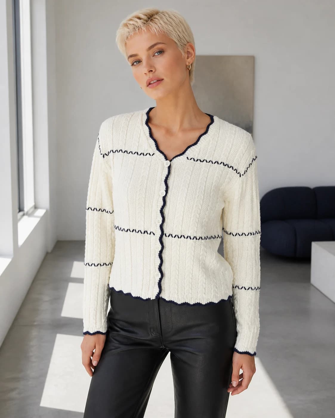 Contrast-line ivory cardigan, view 1