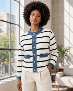 Denim-trim striped cardigan thumbnail 1
