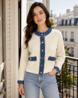 Contrast-trim cream cardigan thumbnail 1