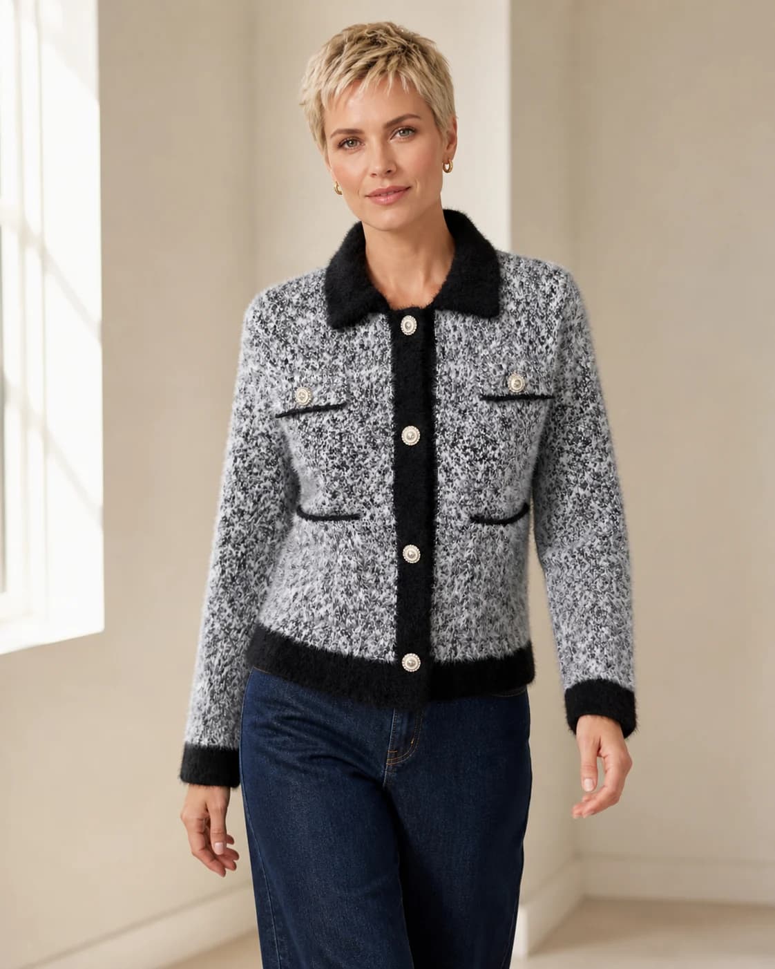 Contrast-trim pocket cardigan